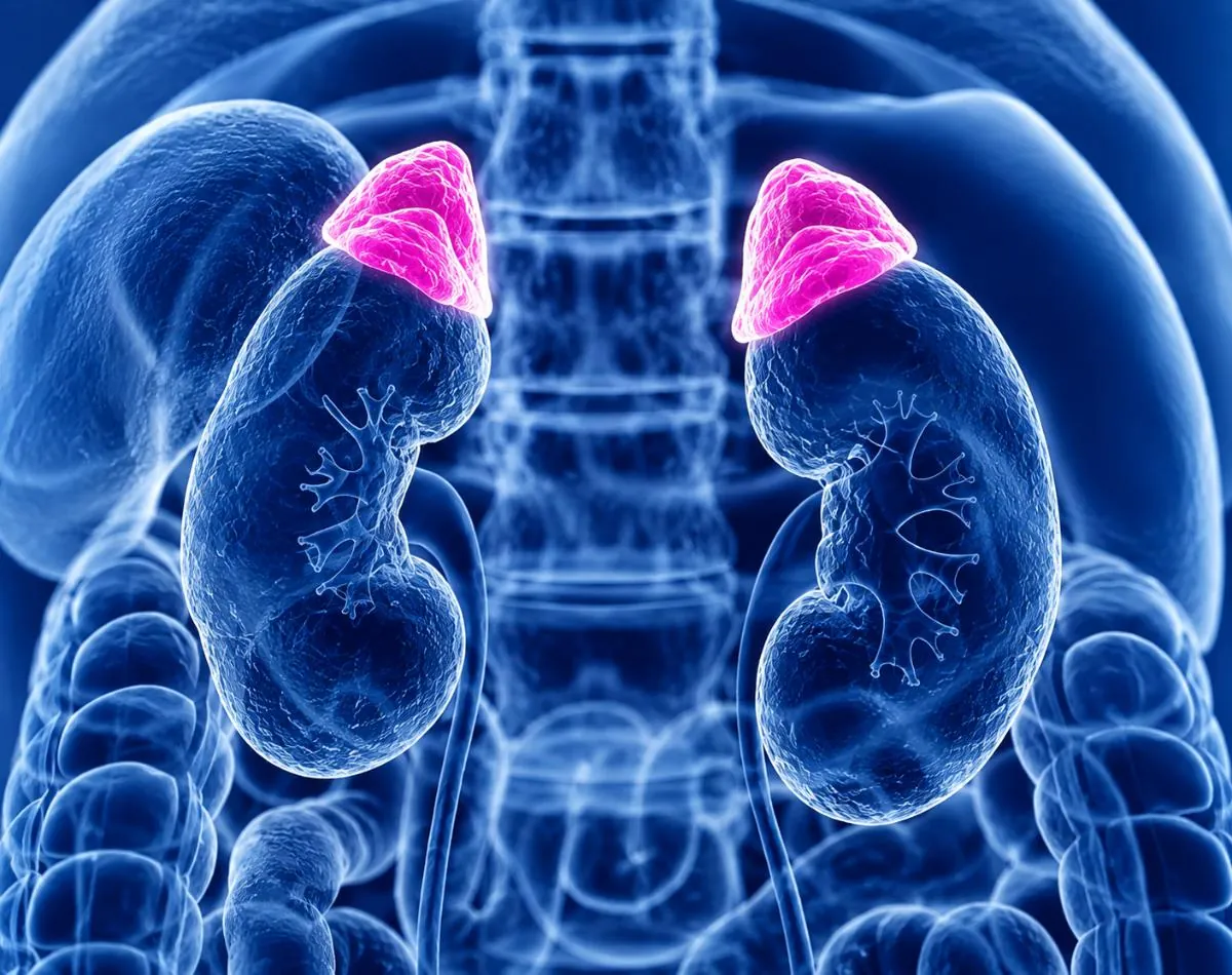 Illustration of the kidneys with the adrenal glands highlighted in pink on a blue body scan