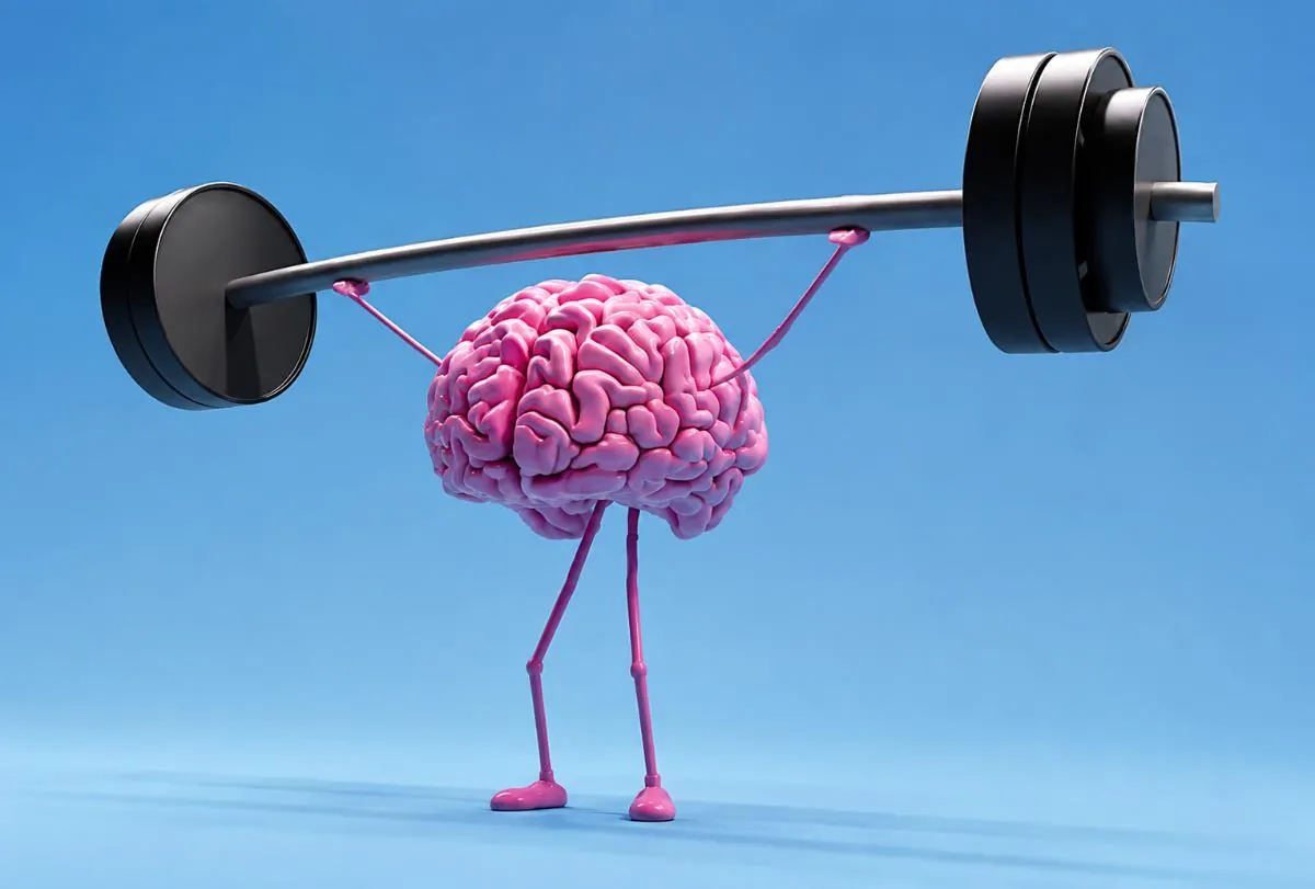 Cartoon pink brain with legs lifting a barbell on a blue background