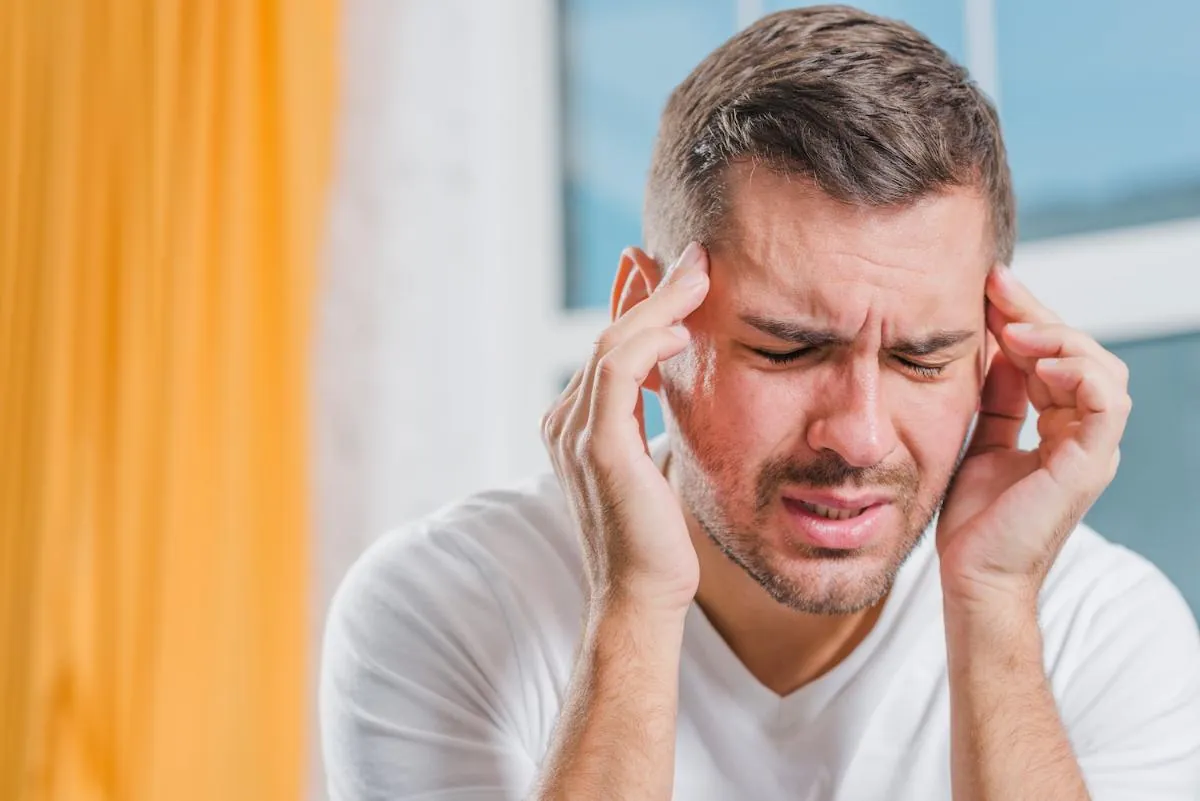 Man in a white T-shirt pressing his temples with a pained expression