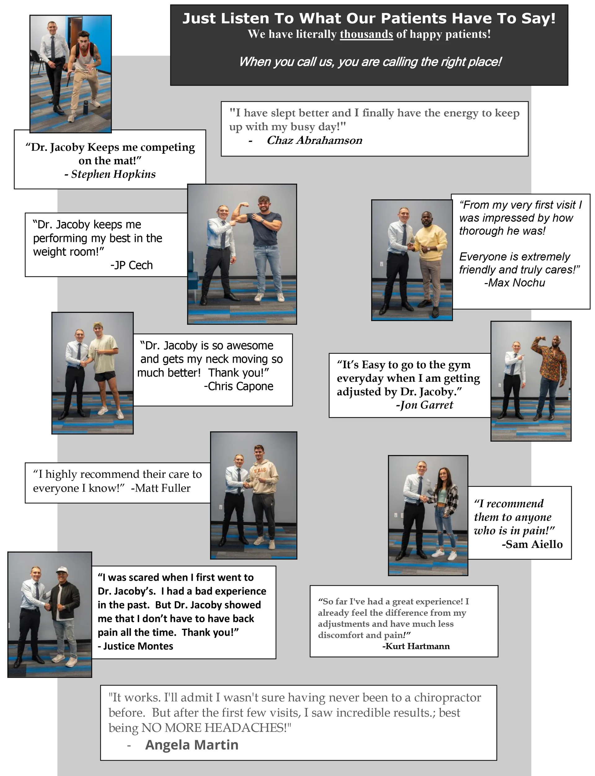 Collage of patient photos with Dr. Bergeron alongside written patient testimonial quotes